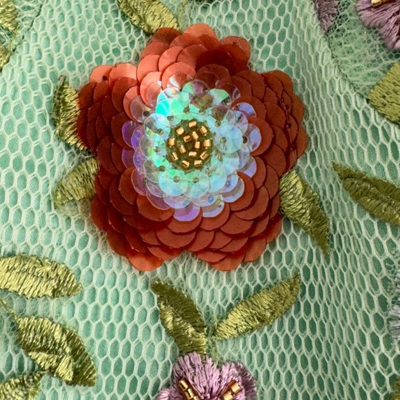 Mint Spaghetti Strap Evening Dress Flowers Appliques A-Line Tulle - Picture 8 of 9